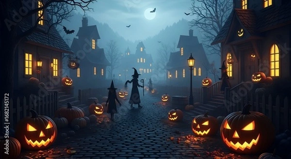 Fototapeta Spooky Halloween Night Scene with Jack O Lanterns and Witches in Dark Village