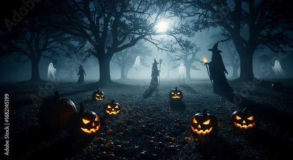Fototapeta Spooky Halloween Scene Haunted Forest with Jack O Lanterns and Witch Figures Under Moonlight