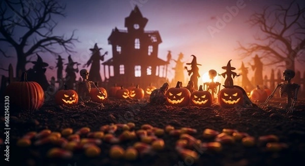 Fototapeta Spooky Halloween Scene with Glowing Jack-o'-Lanterns Skeletons and Haunted House at Sunset