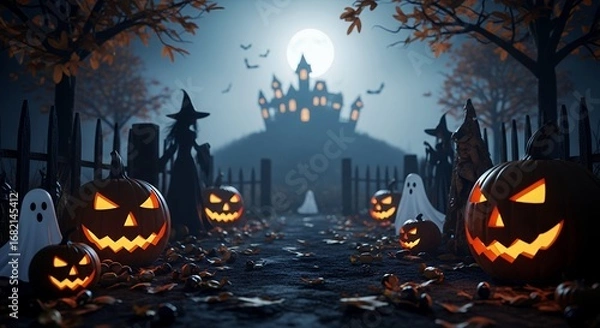 Fototapeta Spooky Halloween Scene with Jack O Lanterns Bats and Haunted Castle at Night