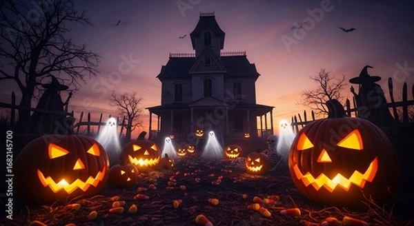 Fototapeta Spooky Haunted House Scene with Illuminated Jack-o-Lanterns and Ghosts at Twilight