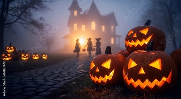 Fototapeta Halloween Pumpkin Carvings with Illuminated Faces and Children in Witch Costumes at Night