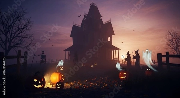 Fototapeta Haunted Halloween House with Jack O Lanterns Ghosts and Witches at Dusk
