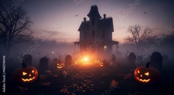 Fototapeta Haunted Halloween House with Glowing Jack-o'-Lanterns and Foggy Graveyard Scene
