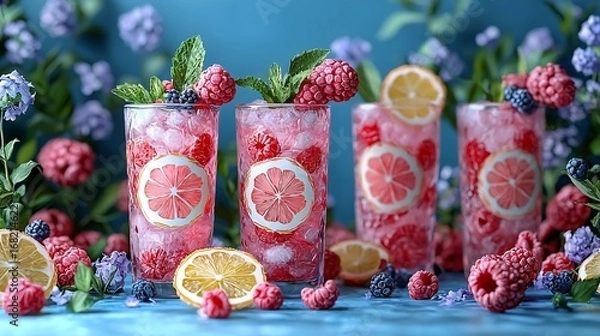 Fototapeta Refreshing raspberry lemonade cocktails, decorated with berries, lemon, and mint, surrounded by flowers