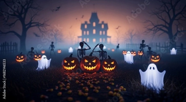 Fototapeta Halloween Scene with Glowing Jack O Lanterns Skeletons and Ghost Decorations in Spooky Graveyard