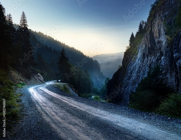 Obraz 薄明かりの中の岩山と山道