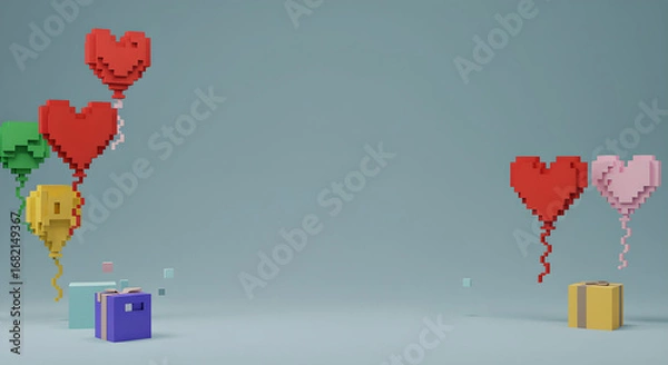 Obraz Pixel art heart balloons and gift boxes on a pastel blue background