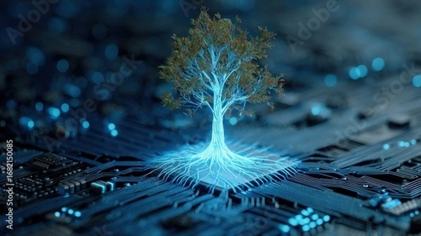 Fototapeta digital tree sprouting from motherboard pattern, electric blue light, growing network effect, futuristic eco-tech concept, ultra-realistic CGI
