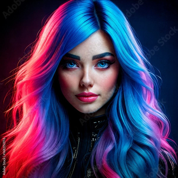 Fototapeta Mulher com cabelos neon azul e rosa em estilo artístico futurista
