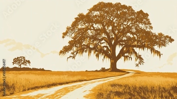 Obraz A sepia-toned landscape featuring a winding dirt path leading toward a large, majestic tree adorned with Spanish moss. A smaller tree is in the distance