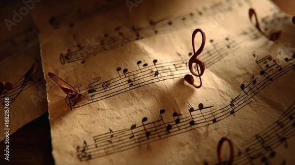 Fototapeta atmospheric animation of classical music notes appearing on aged brown sheet paper, warm ambient lighting, soft cinematic shadows, vintage feel