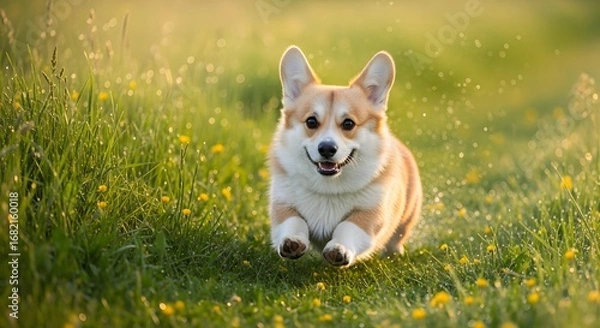 Fototapeta Happy Corgi Running in a Field