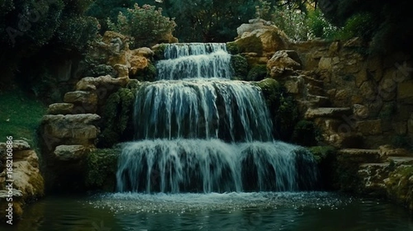 Fototapeta Tranquil tiered waterfall cascades over mossy rocks, creating a serene water feature in a lush, green, garden setting