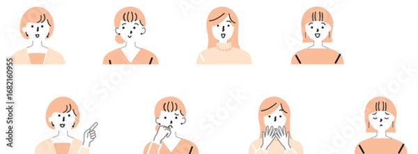 Obraz 20代30代イメージのナチュラルな雰囲気の女性イラスト素材セット　笑顔　驚き　困り顔