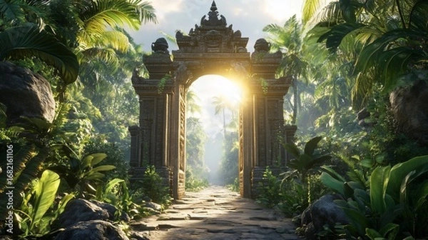 Fototapeta A stone archway frames a sunlit path leading into a vibrant jungle. Lush greenery surrounds the detailed ornate structure