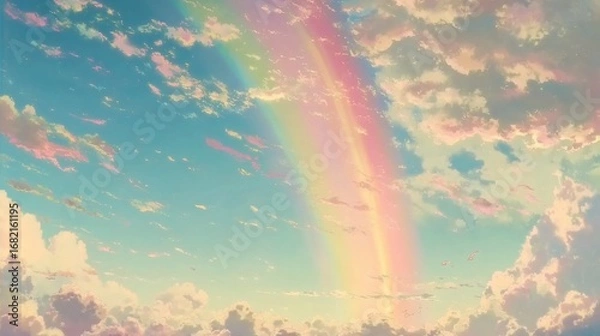 Fototapeta A whimsical illustration showcases a vibrant double rainbow arcing across a serene sky, dotted with fluffy, colorful clouds