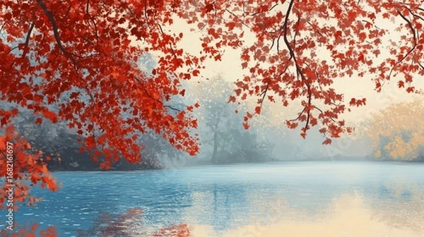 Fototapeta A serene autumnal scene. Red leaves arch over calm blue water, leading the eye into a misty, forested background