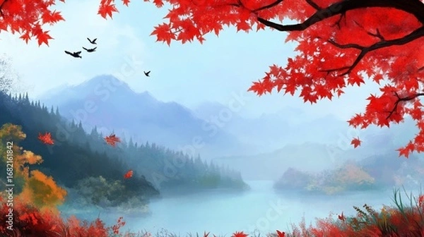 Fototapeta Digital art depicts autumn landscape, vibrant red maple leaves framing a misty lake with forested hills, and flying birds