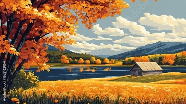Fototapeta Digital illustration depicts a vibrant autumn landscape with a lake, cabin, trees in full fall foliage, and mountains under a cloudy sky