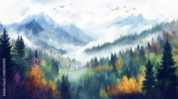 Fototapeta A painted landscape depicts a lush valley with colorful fall foliage, surrounded by misty mountains, and silhouetted birds in the sky