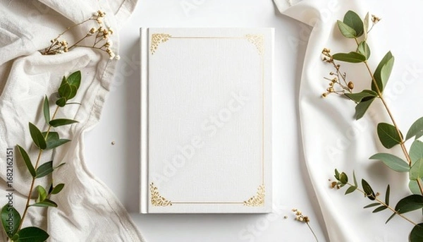 Fototapeta Elegant blank white book with gold accents, framed by green leaves and soft fabric, ideal for creative mockups