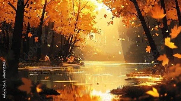 Fototapeta Serene autumn scene with trees ablaze in warm hues, reflections on a calm water surface, falling leaves and sun rays
