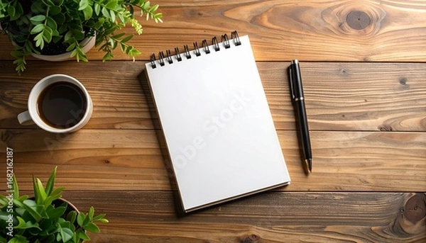 Fototapeta Workspace setup with notebook, coffee, and pen on wooden table, perfect for note-taking or sketching