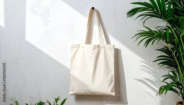 Fototapeta Blank reusable cotton tote bag hanging on a sunlit white wall, offering a clean, eco-friendly canvas for custom branding and sustainable lifestyle design