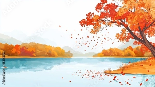 Fototapeta Autumnal illustration showing a tree with vibrant red leaves over a tranquil lake, with gentle hills in the background