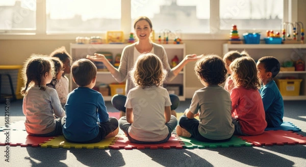 Fototapeta Diverse Group of Children Sitting on Colorful Mat with Teacher in Bright Classroom for an Interactive Educational Session