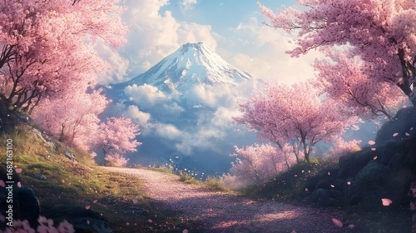 Fototapeta A path winds through blooming cherry blossoms, leading toward a snow-capped mountain peak under a cloudy sky