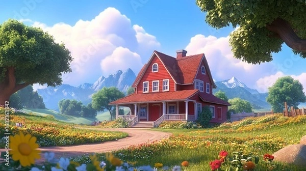 Fototapeta A bright, cartoonish red house with a porch sits in a sunny field of wildflowers, mountains in the background under a cloudy sky