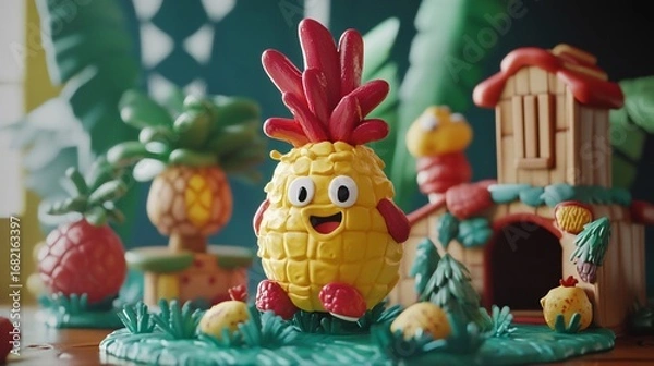 Fototapeta Whimsical, cartoon-like pineapple character with a smile, seated amidst vibrant, playful, plasticine-style tropical surroundings