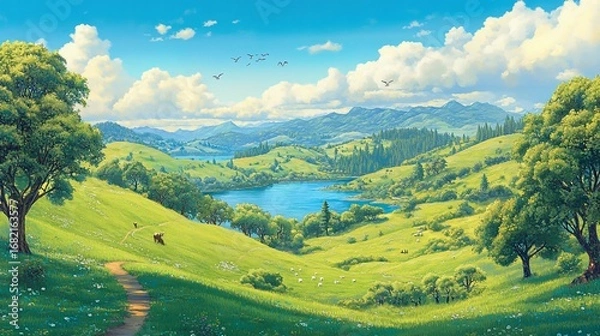 Fototapeta Idyllic landscape with verdant hills, a serene lake, fluffy clouds, trees, and a gentle path invites peaceful contemplation