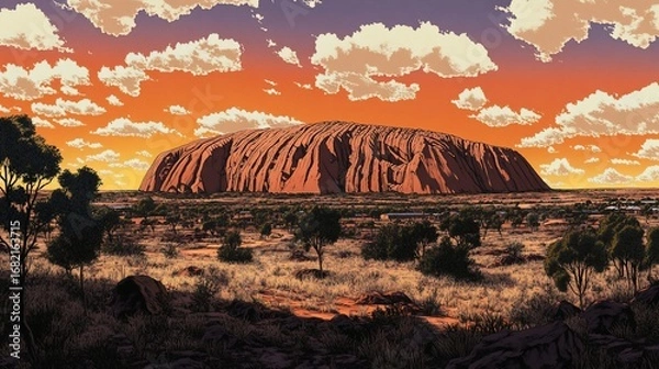 Fototapeta A stylized landscape with a large red rock formation under a sunset sky. Trees dot the foreground and the horizon