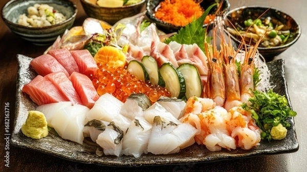 Fototapeta Assorted Fresh Seafood Platter Featuring Tuna Salmon Shrimp and Various Fish on a Textured Plate Accompanied by Condiments