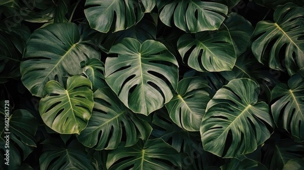 Fototapeta Lush Green Monstera Leaves Close Up Pattern with Natural Light and Shadow Rich Texture and Tropical Theme Creates a Vibrant Botanical Ambiance