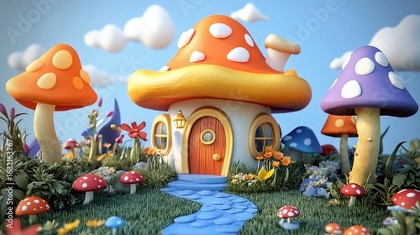 Fototapeta A whimsical, vibrant mushroom house with an orange spotted roof, surrounded by colorful mushrooms, flowers, and a stone path