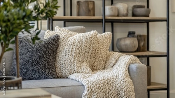 Fototapeta Interior View of Gray Sofa with Pillows and Blanket and Wooden Shelves with Decorative Objects in Background