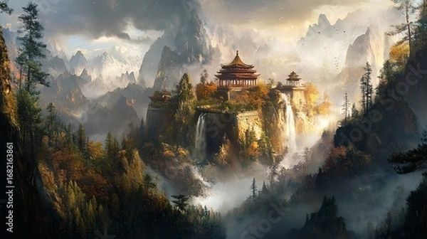 Fototapeta Majestic mountains frame a tiered structure with a golden roof, waterfalls cascade, trees dot the peaks under a cloudy sky
