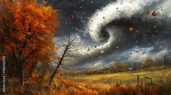 Fototapeta A vibrant autumn scene orange trees with falling leaves on the left, a swirling storm cloud, and open field landscape