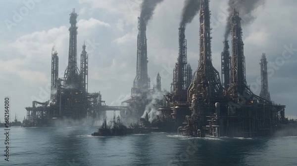 Fototapeta A sprawling industrial complex rises from water, numerous smokestacks belching dark plumes into a hazy sky, evoking a dystopian future