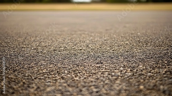 Fototapeta Close Up of Dark Asphalt Road Surface Texture and Fine Gravel with Blurred Green Field Under Bright Sunlight in Horizontal Full Frame Perspective