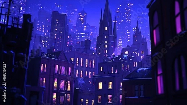 Fototapeta A stylized cityscape, bathed in cool blues and purples, with illuminated buildings and spired architecture under a night sky