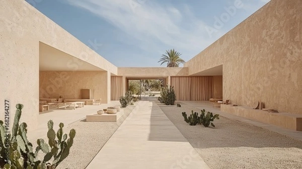 Fototapeta Modern Sandstone Building Exterior with Geometric Design Pathway and Cacti Under Clear Blue Sky In Daylight