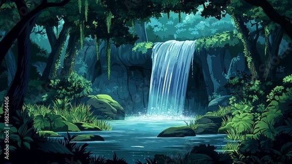 Fototapeta A serene illustration of a cascading waterfall within a lush, dense forest, with vibrant greens & blues