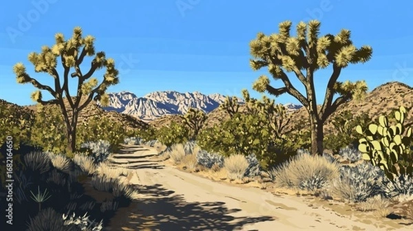 Fototapeta A dirt road winds through a desert scene with iconic trees, leading towards distant mountains under a vibrant blue sky