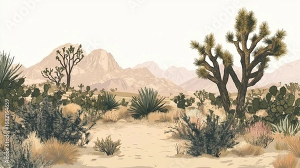 Fototapeta A detailed illustration presents a desert vista with Joshua trees, cacti, and scrub brush under a hazy sky, mountains in the distance