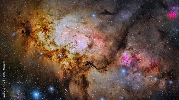 Fototapeta Colorful Nebula in Deep Space Featuring Swirls of Pink Gold and Dark Hues with Distant Stars Scattered Against a Black Backdrop